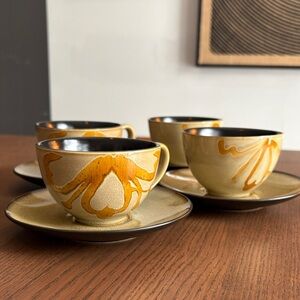 PIER1 IMPORTS - “Kioko” Hand-Painted Stoneware Tea Cup and Saucer Set (4)